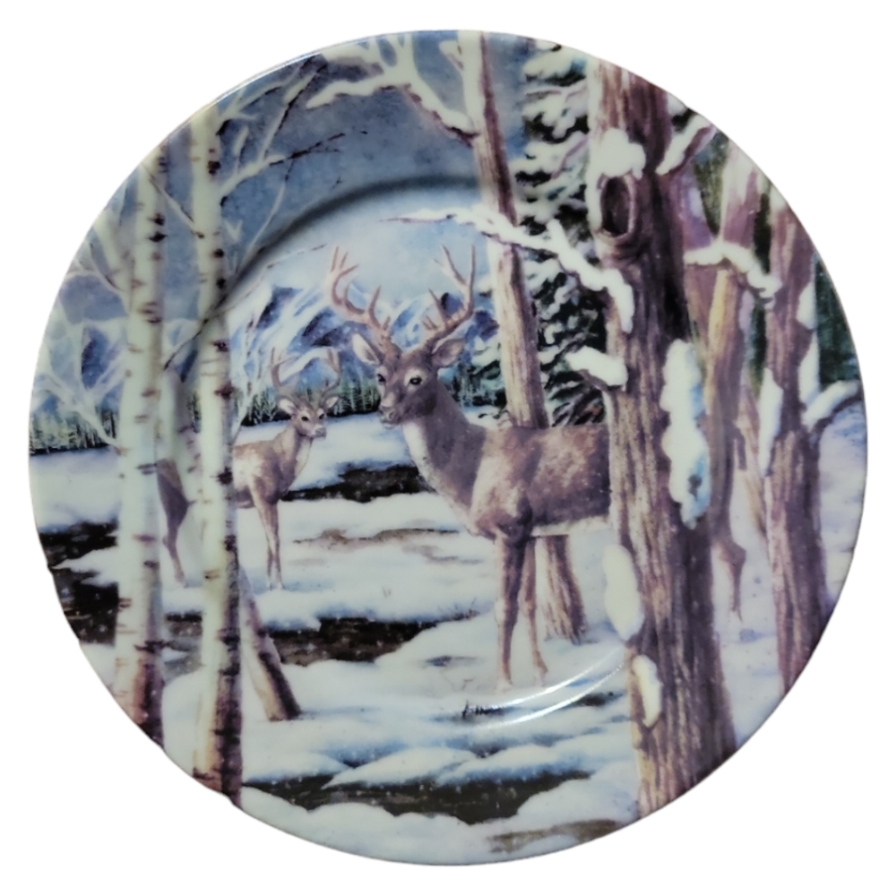 VINTAGE COLLECTOR'S NATURE SNOW COVERED WINTER WOODS PINE TREES BUCK DEER PLATE